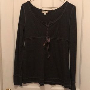 Gray knit top with front buttons and tie